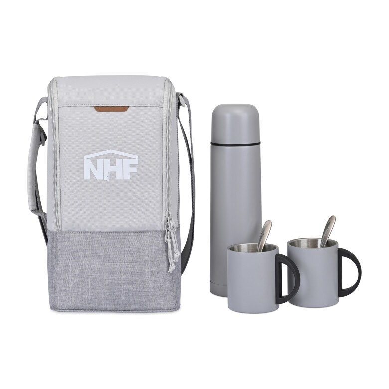 A travel backpack cooler with a liquid travel container and two mugs.