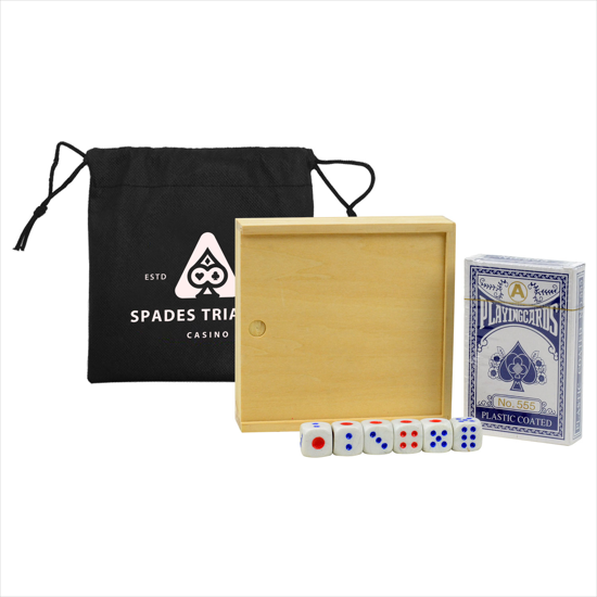 A set of playing cards and dice.