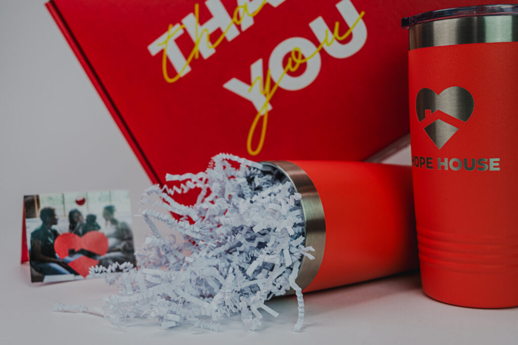 A thank you box for clients with two tumblers included in it and gift note.