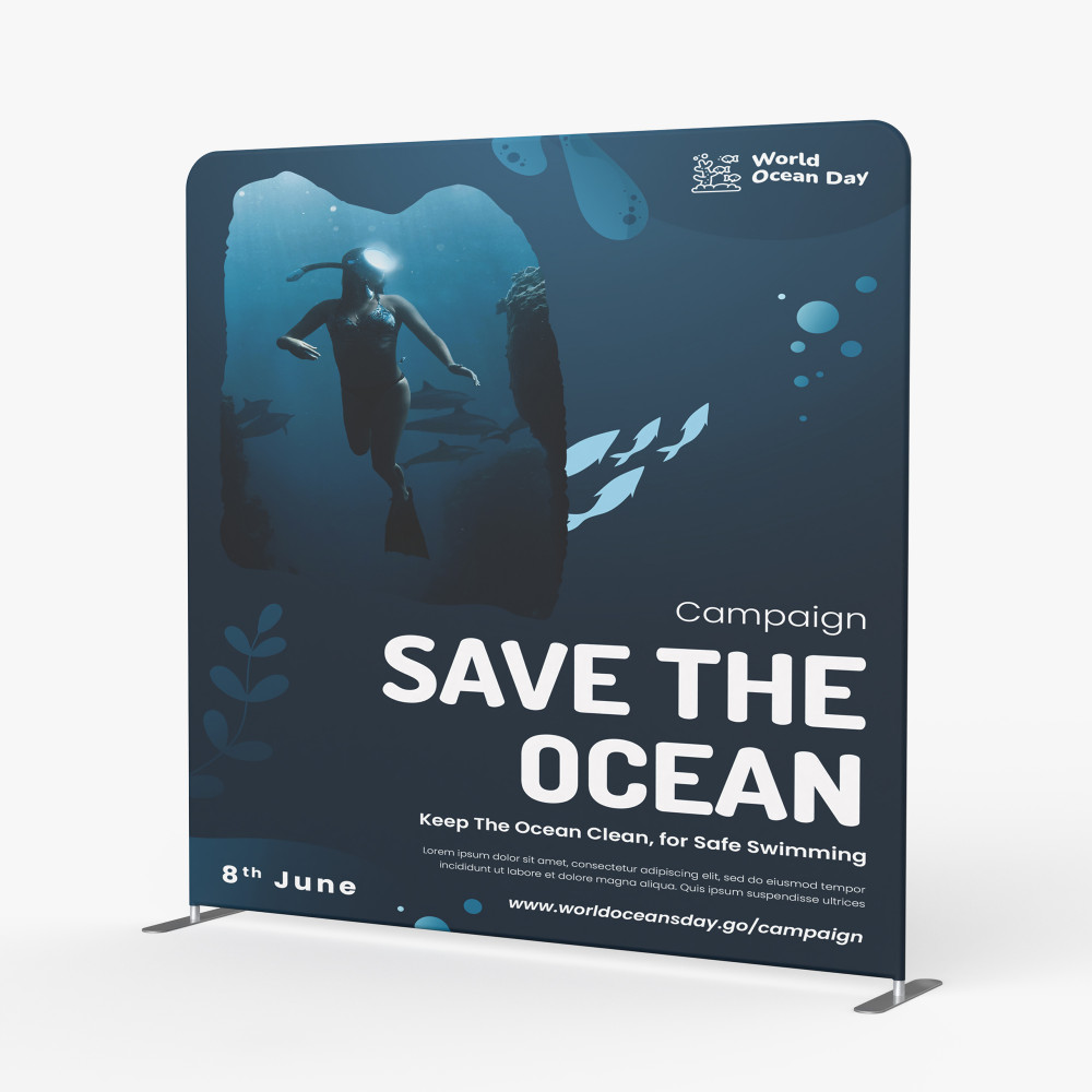 An 8x8 banner stand with an image of the under water ocean with a snorkeler and the statement Save the Ocean.