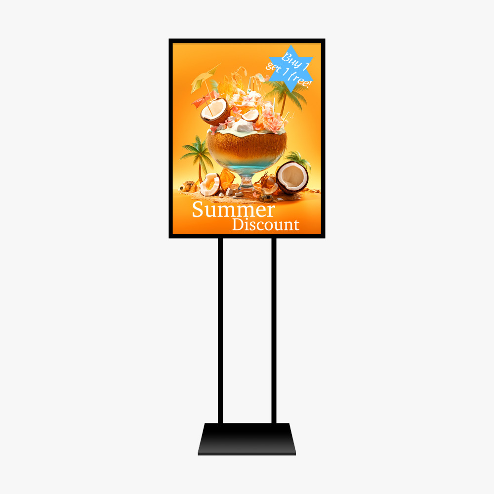 A signage stand with an orange sign on it with an image of a Cocunut and the statements, Summer Discount and Buy 1 get 1 free.