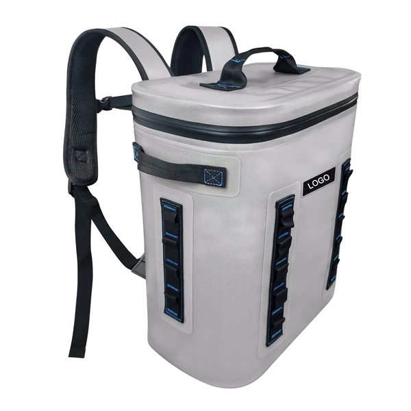 A back pack cooler in light gray.