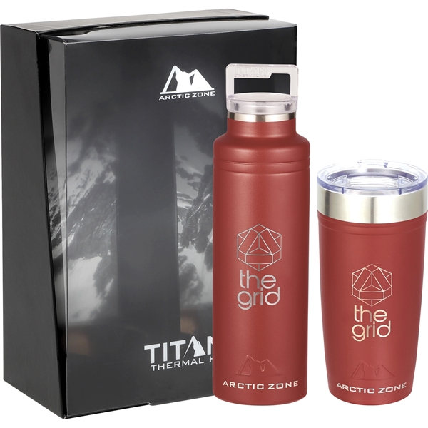 A box set with a travel water bottle and travel tumbler in red from Arctic Zone.