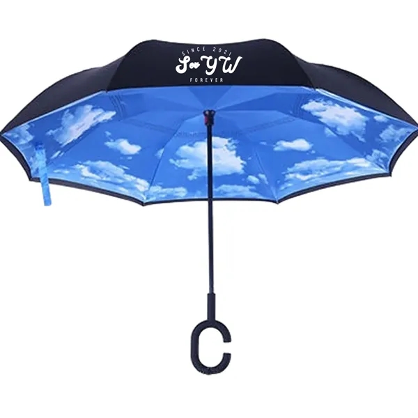 An umbrella with a design of colors in the inside.