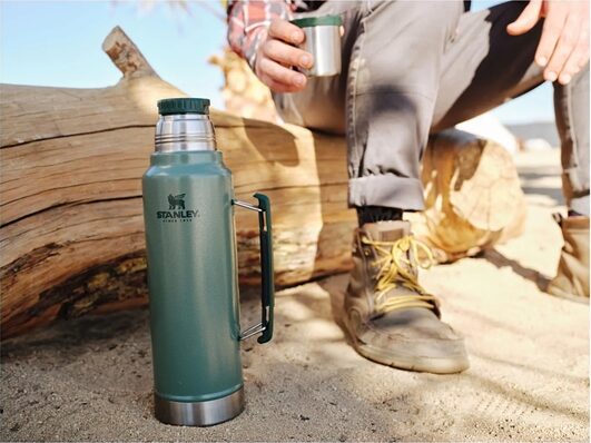 A stanley travel container for liquids made for camping.