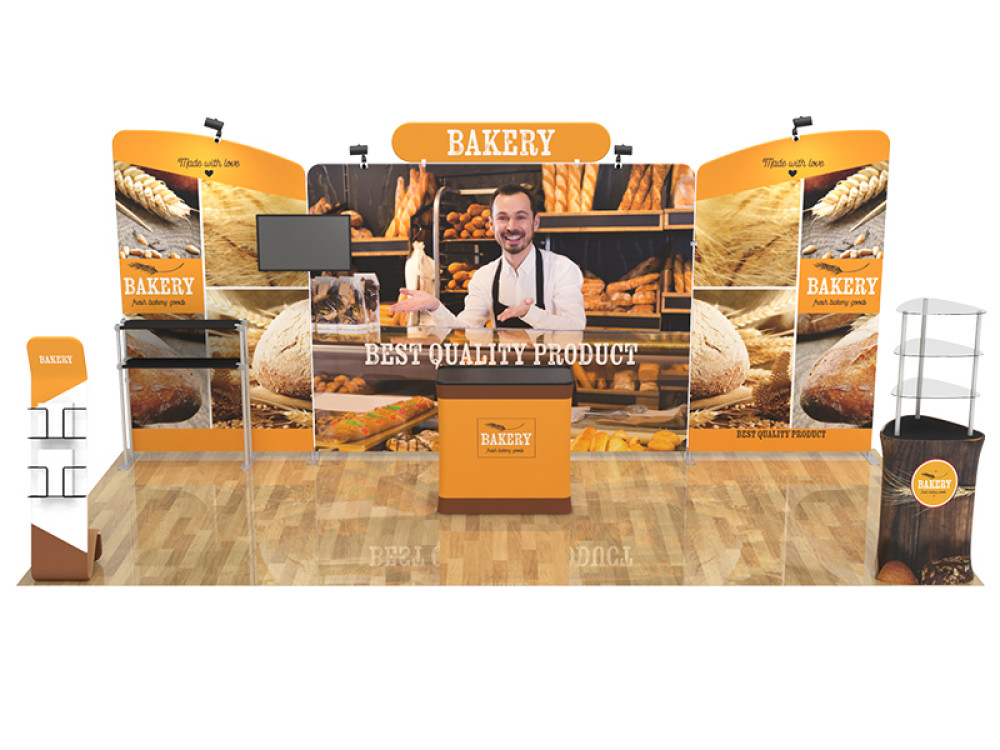 A 10x10 tradeshow banner in orange for a bakery with an image of a baker on the front.