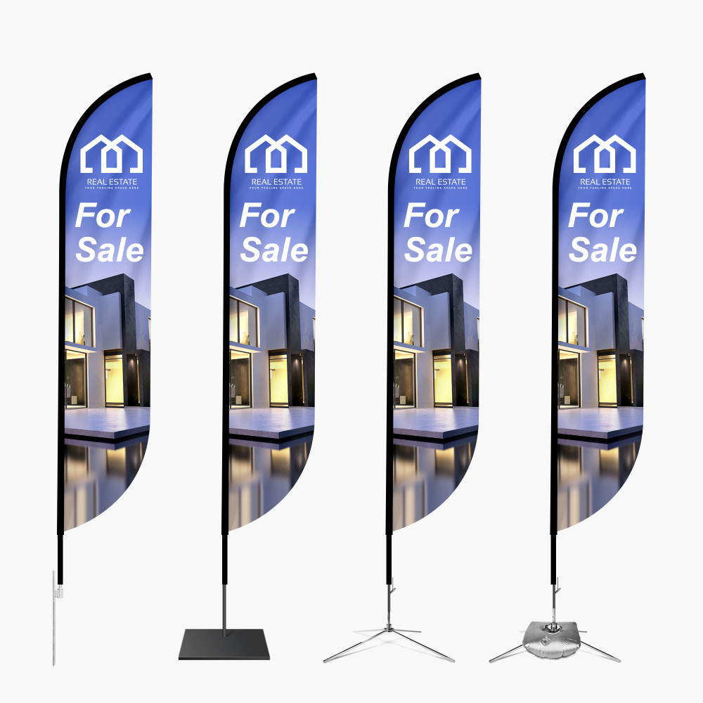 Four flag signage in blue with the term For Sale on it.