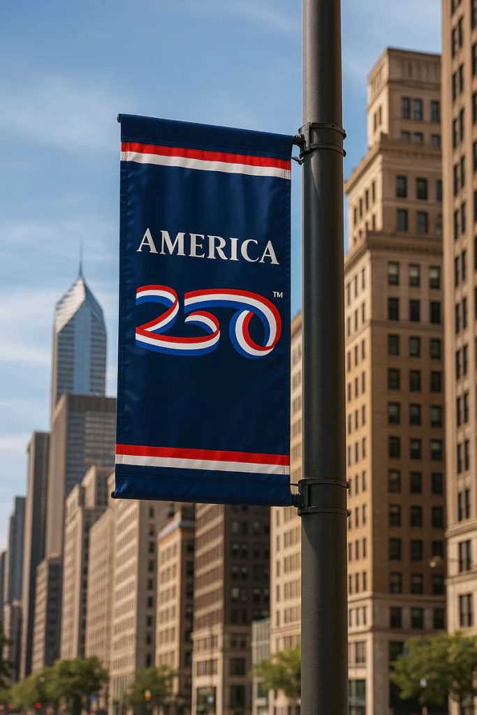 America 250 branded banner on a city street pole with urban skyline backdrop