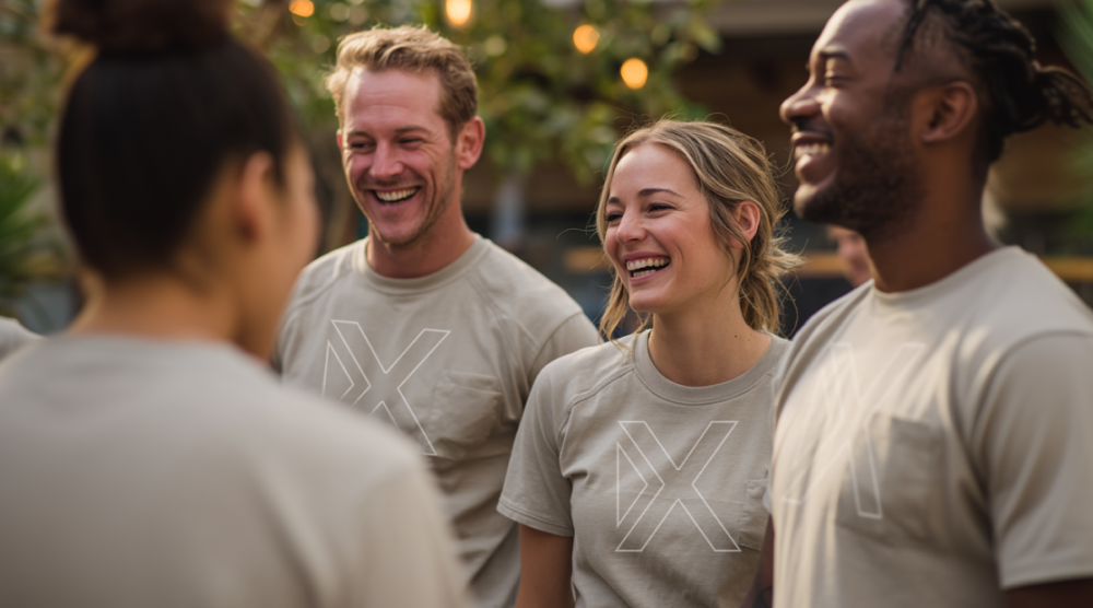 Group of people standing next to each other with custom branded t-shirts.