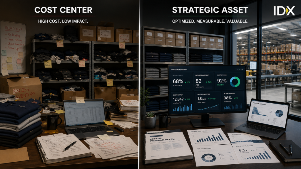 Split image comparing a disorganized employee store cost center on the left with an optimized, dashboard-driven strategic asset on the right.