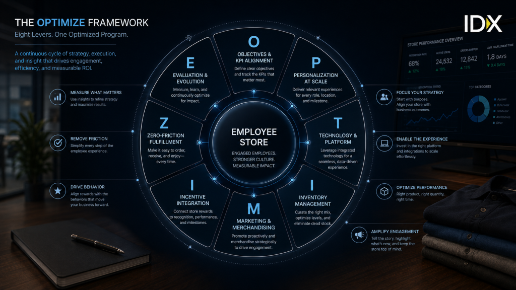 Circular diagram of the IDX OPTIMIZE Framework showing its eight levers: Objectives, Personalization, Technology, Inventory, Marketing, Incentive, Zero-Friction Fulfillment, and Evaluation.