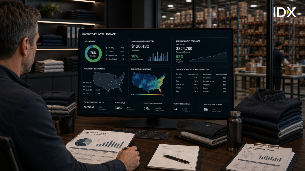 Inventory intelligence dashboard showing SKU health, slow-moving inventory value, replenishment forecast, and redemption heat map by region.
