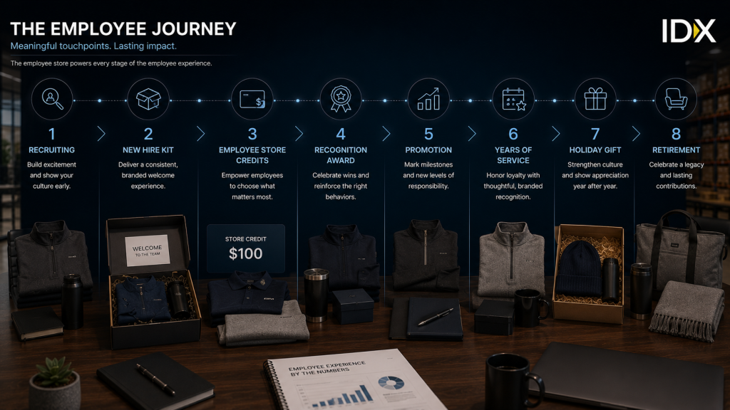 Timeline of the employee journey from recruiting to retirement, showing store touchpoints like new hire kits, store credits, recognition awards, and holiday gifts.