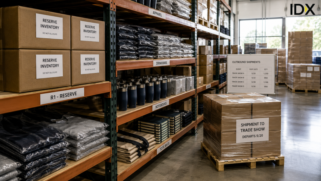 Warehouse shelving labeled reserve inventory do not allocate next to trade show shipment pallet