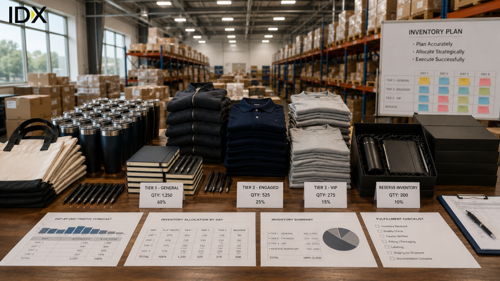 Warehouse merchandise sorted by tier quantity next to inventory plan whiteboard and fulfillment checklist