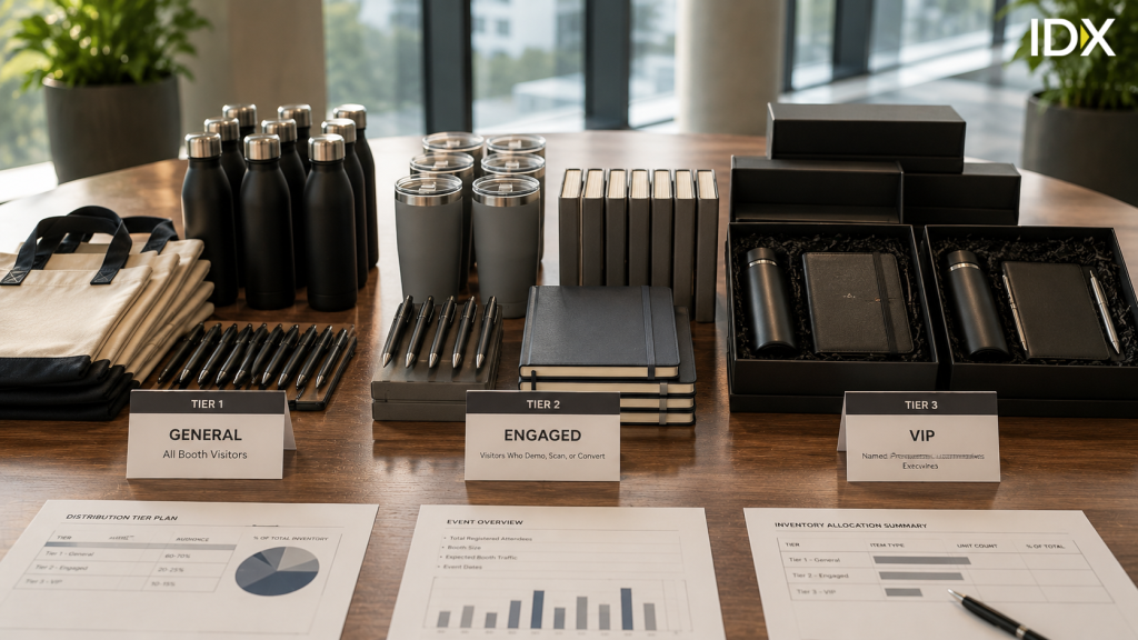 Trade show merchandise organized by Tier 1 General, Tier 2 Engaged, and Tier 3 VIP distribution tiers
