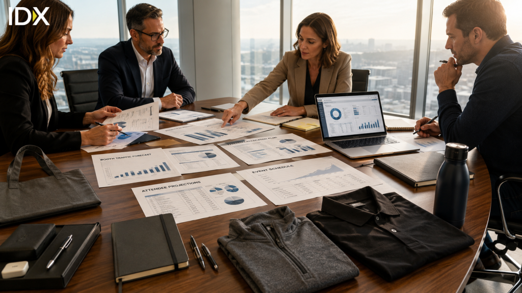 Marketing team reviewing booth traffic forecast and attendee projection documents around a conference table