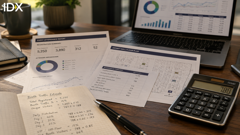 Event attendance report and booth traffic estimate calculations for trade show planning