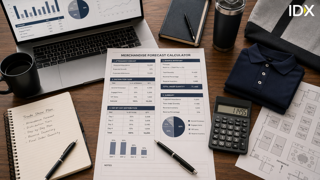 Merchandise forecast calculator worksheet showing distribution tiers, reserve inventory, and total order quantity