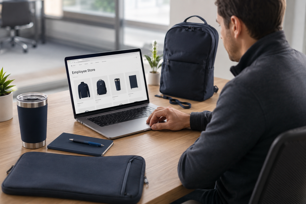 Employee browsing a branded company store website on a laptop, with matching backpack, tumbler, and laptop sleeve on the desk.