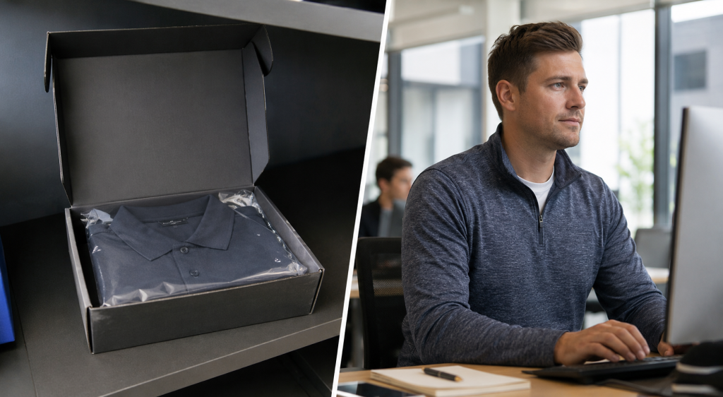 Split image of a folded polo shirt in branded packaging alongside an employee wearing a branded quarter-zip at his desk.
