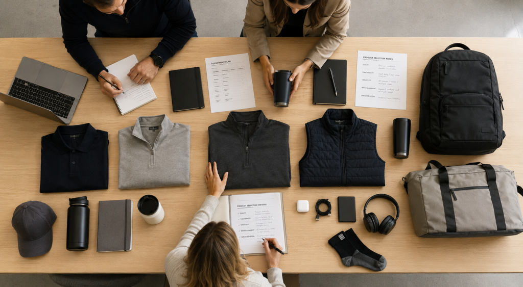 Overhead view of a team reviewing an assortment plan next to folded apparel, drinkware, and bags laid out on a table.