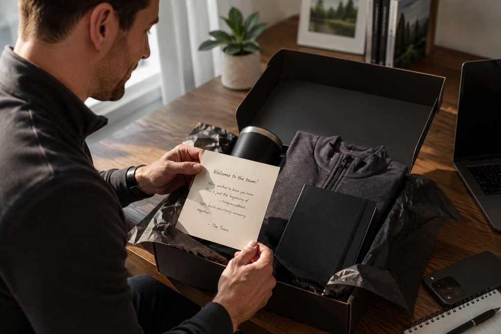 Employee reading a handwritten welcome note while unboxing a branded jacket, notebook, and tumbler.