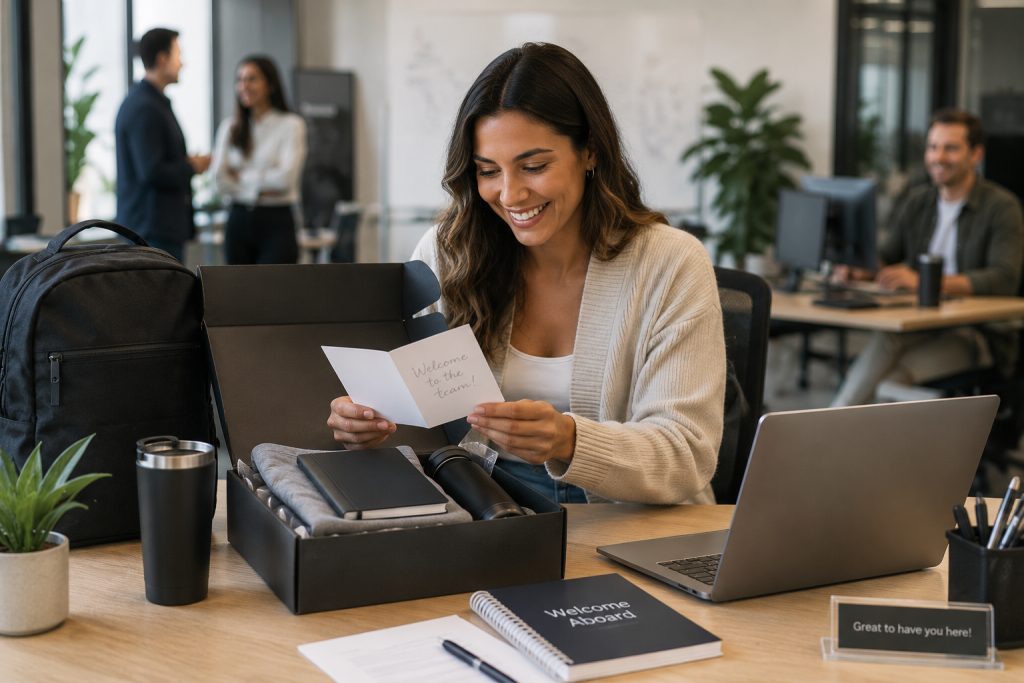 Smiling new employee opening a welcome box containing a backpack, tumbler, notebook, and welcome card in an open office.