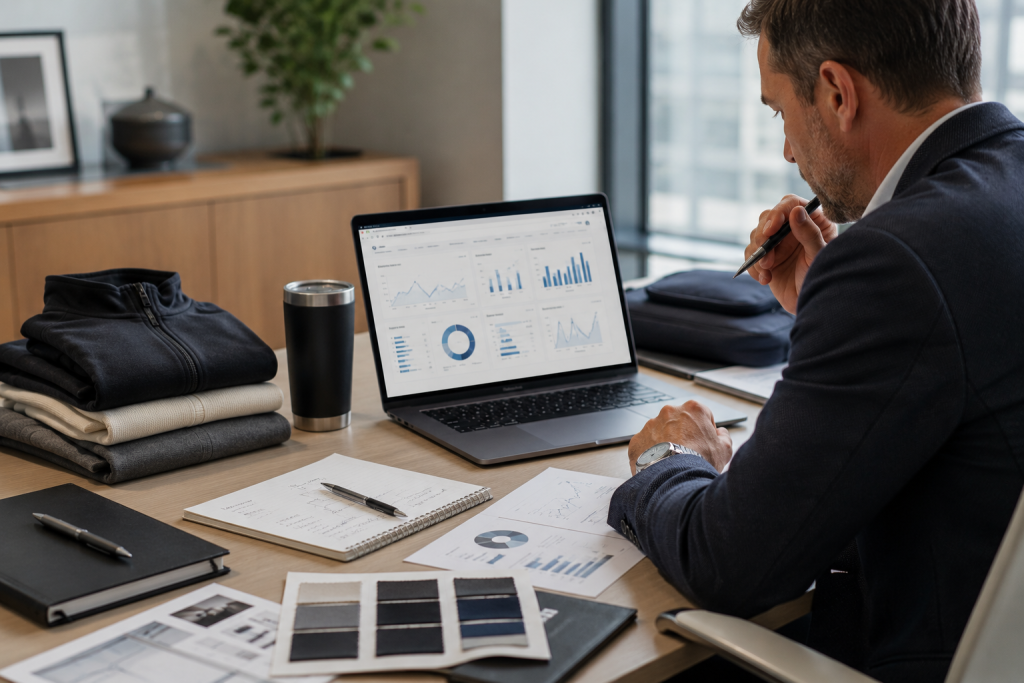 Businessman reviewing store analytics dashboards on a laptop, surrounded by fabric swatches and folded apparel samples.