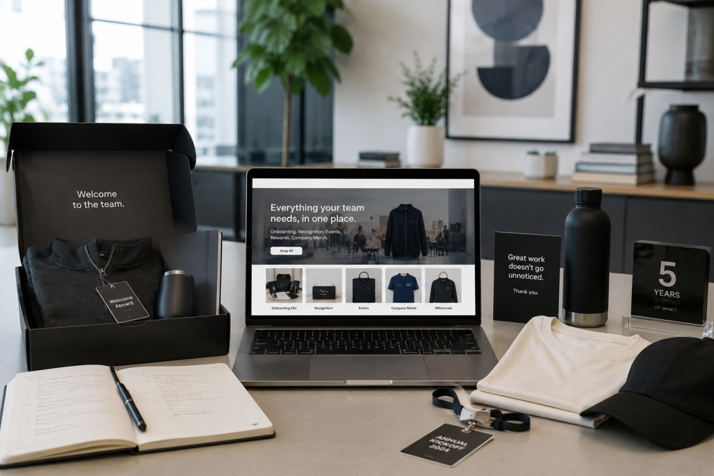 Branded welcome kit box beside a laptop displaying a company store homepage with Onboarding Kits, Recognition, Events, Company Merch, and Milestones categories.
