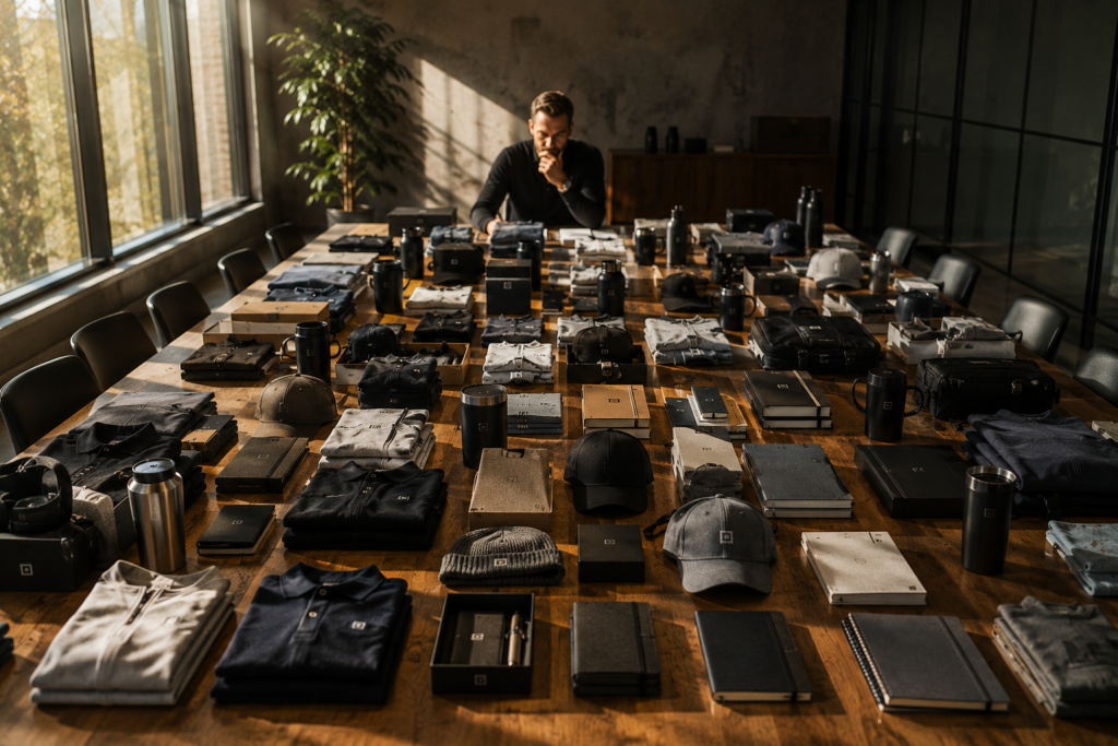 Man seated alone at a large wood conference table covered in branded merchandise samples including folded apparel, hats, water bottles, notebooks, and accessories, reviewing planning documents