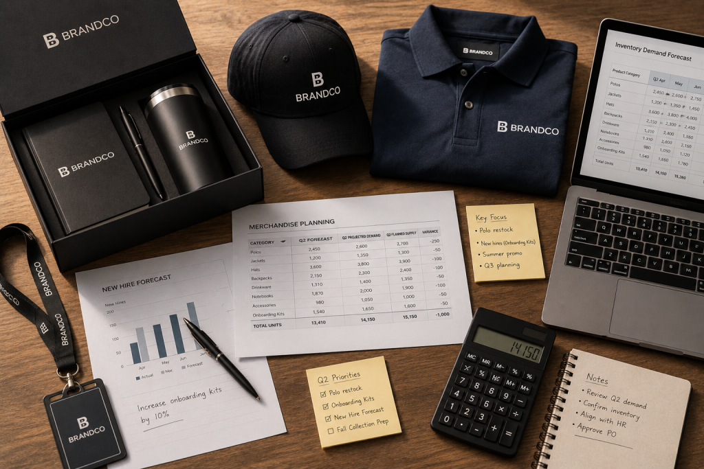Merchandise planning workspace showing branded polo shirt, hat, and gift box alongside a printed inventory demand forecast spreadsheet, a new hire forecast bar chart, handwritten Q2 priority notes, and a laptop displaying inventory data