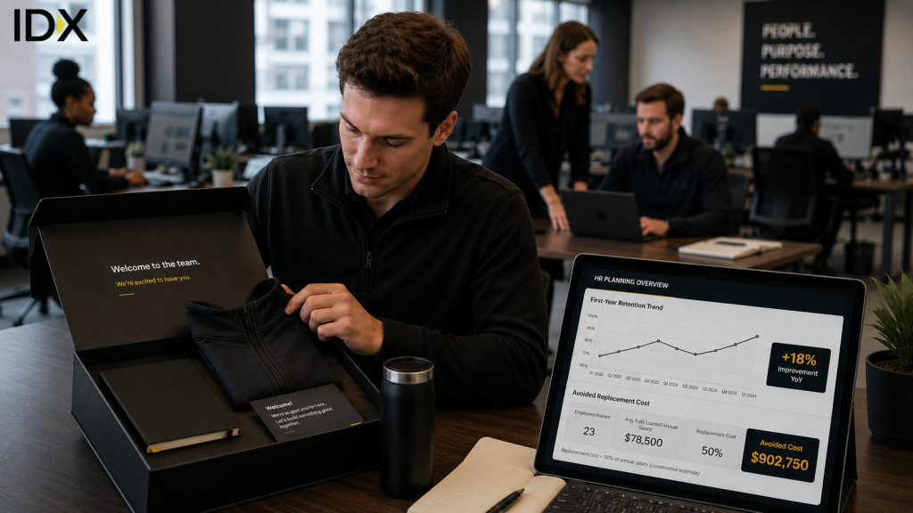 New hire unboxing a welcome kit next to an HR planning dashboard showing first-year retention trend and $902,750 in avoided replacement cost.