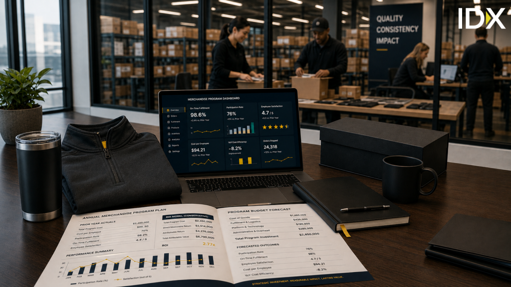 Annual merchandise program plan showing prior-year actuals, a conservative ROI model, and a forecasted budget, next to a dashboard of program performance metrics.