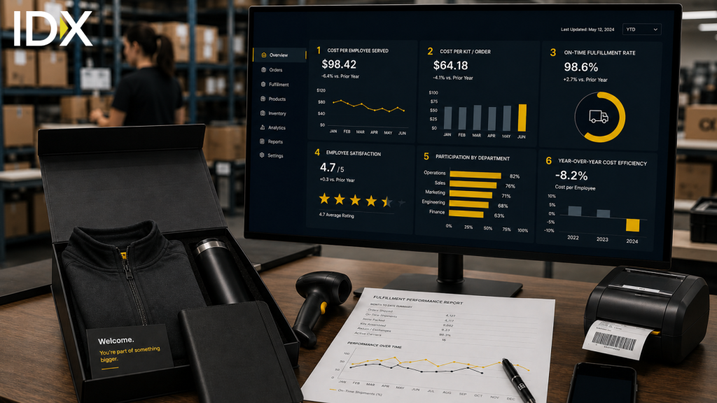 Merchandise program dashboard displaying cost per employee served, cost per kit, on-time fulfillment rate, employee satisfaction, participation by department, and year-over-year cost efficiency.