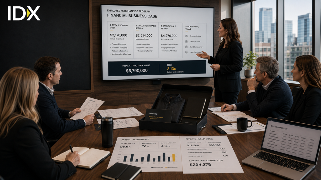 Presenter reviewing a financial business case slide with a boardroom group, showing total program cost, direct measurable return, attributable return, and a 3.13x ROI.