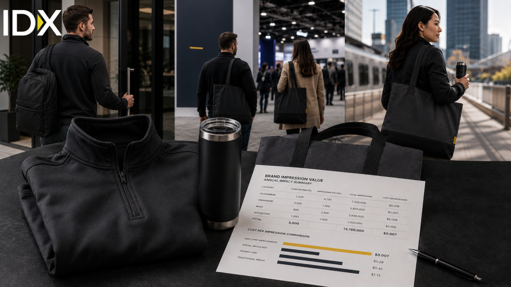 Employees wearing branded quarter-zips and tote bags in office, trade show, and commuter settings, alongside a brand impression value table comparing cost per impression across merchandise categories and marketing channels.