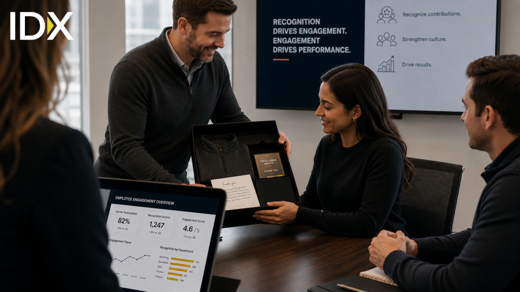 Employee receiving a recognition merchandise kit in a meeting, with an engagement overview dashboard showing survey participation, recognition activity, and engagement score by department.