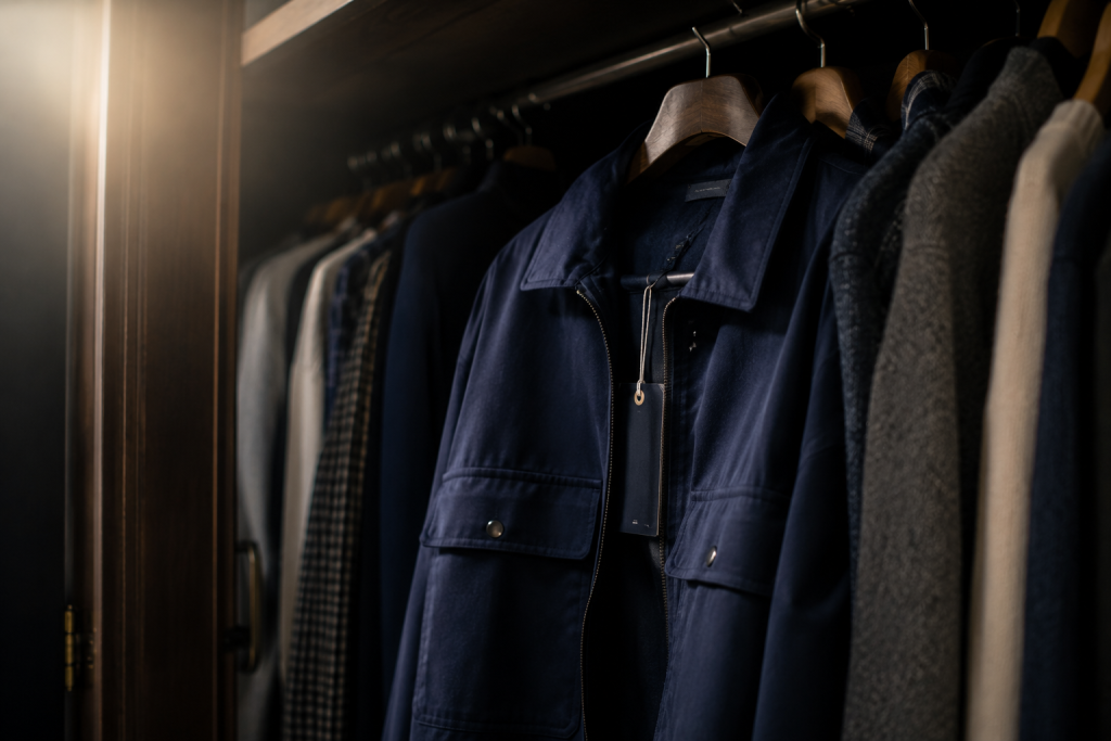 Close-up of a navy jacket with a hang tag on a wooden hanger in a dimly lit closet
