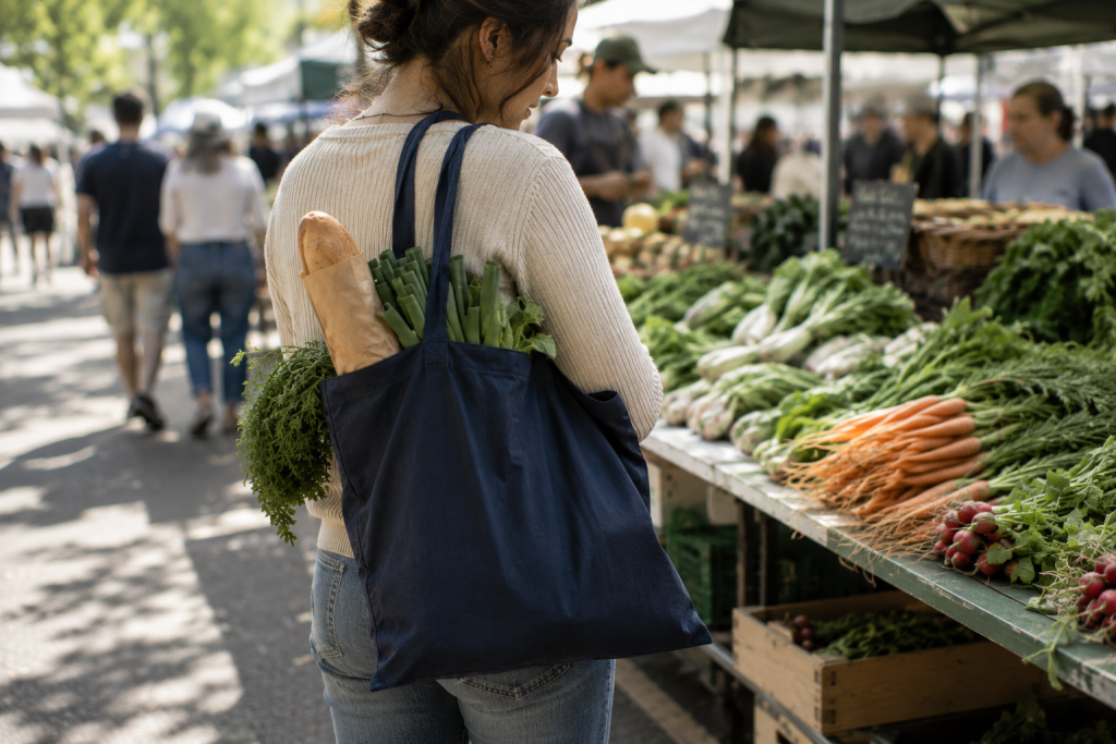 Woman carrying a navy tote bag filled with produce at an outdoor farmers market