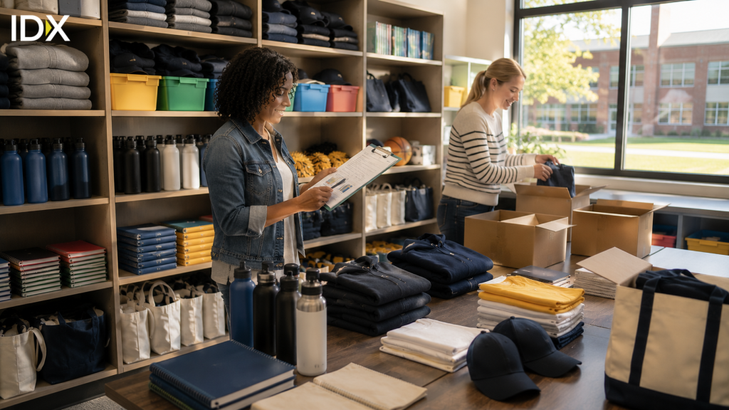 Two staff members checking inventory against a clipboard in an organized school merchandise storeroom