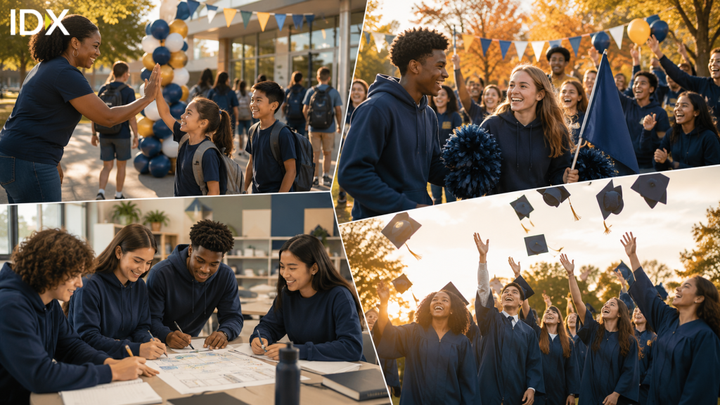 Collage of school year moments including student orientation, homecoming pep rally, a planning meeting, and graduation, all featuring consistent navy and gold branded apparel