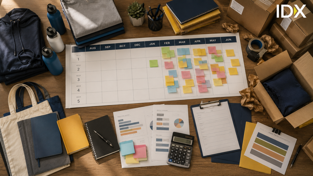 A flat-lay of an academic year calendar from August to June, marked with color-coded sticky notes alongside branded apparel and planning documents