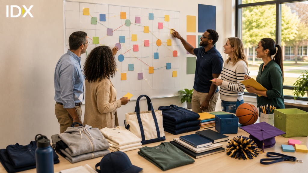 A team mapping out school event merchandise needs on a whiteboard, with spirit wear, a graduation cap, and pom-poms on the table