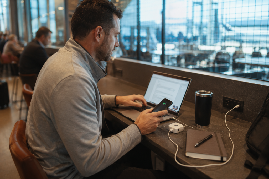 A business traveler works at an airport lounge with a laptop, a phone charging through a compact branded charger, an insulated tumbler, and a notebook on the desk, showing high-utility trade show merchandise in active, real-world use after an event.