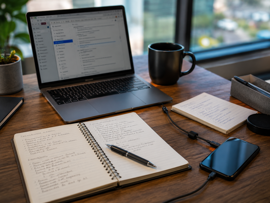 A productive work desk featuring open notebooks with handwritten notes, a charging cable connected to a smartphone, a wireless charging pad, an open laptop, and a coffee mug, representing the everyday desk environment where high-retention trade show merchandise earns its place.