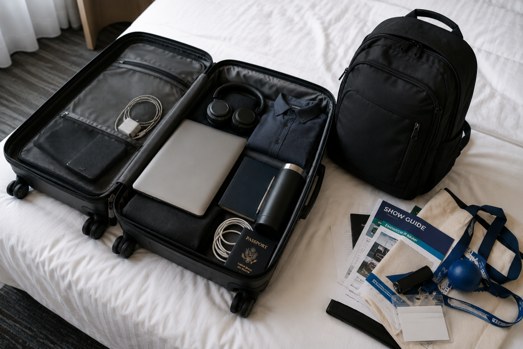 An open carry-on suitcase packed with high-value travel essentials — headphones, a tumbler, a notebook, and a laptop — beside a rejected pile of trade show materials including a show guide, branded tote bag, and stress ball, illustrating which items attendees choose to bring home.