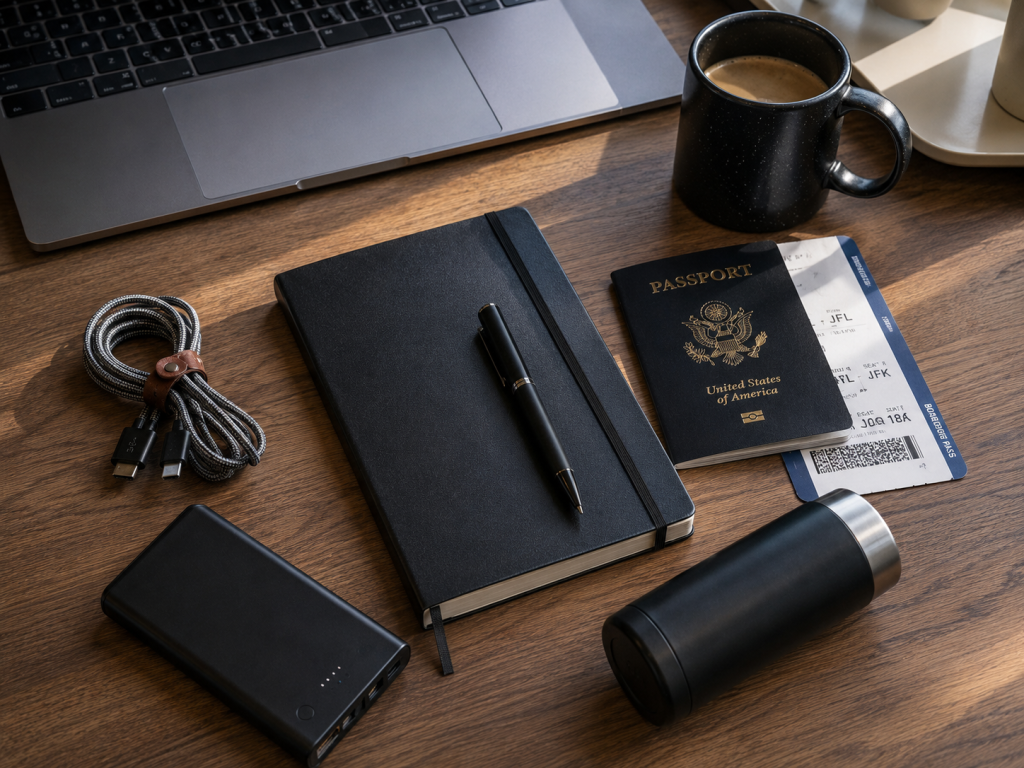 A flat-lay arrangement of premium travel essentials that exemplify trade show giveaways with lasting value: a portable power bank, braided charging cable, hardcover notebook with pen, insulated tumbler, and boarding passes alongside a passport and coffee mug.