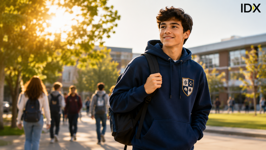 High school student walking across campus wearing a navy school hoodie with a crest logo, backpack over one shoulder, smiling.