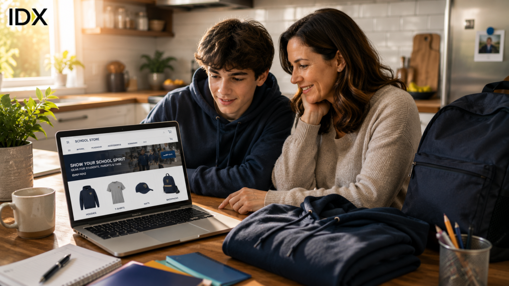 Mother and teenage son browsing a school spirit wear online store together on a laptop at their kitchen table.